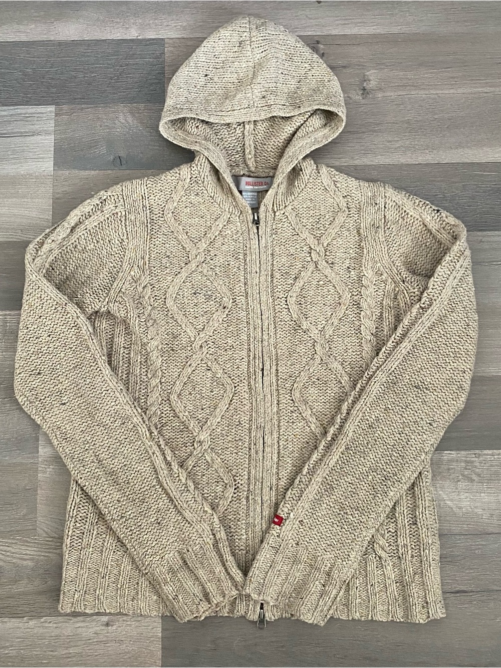 Vintage Y2K Hollister Cable Knit Hood Sweater Jacket Full Zip Preppy Academia